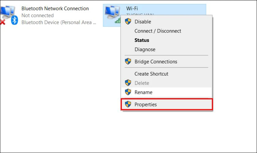 Nhấp chuột phải vào mạng Wi-Fi đang sử dụng, chọn Properties