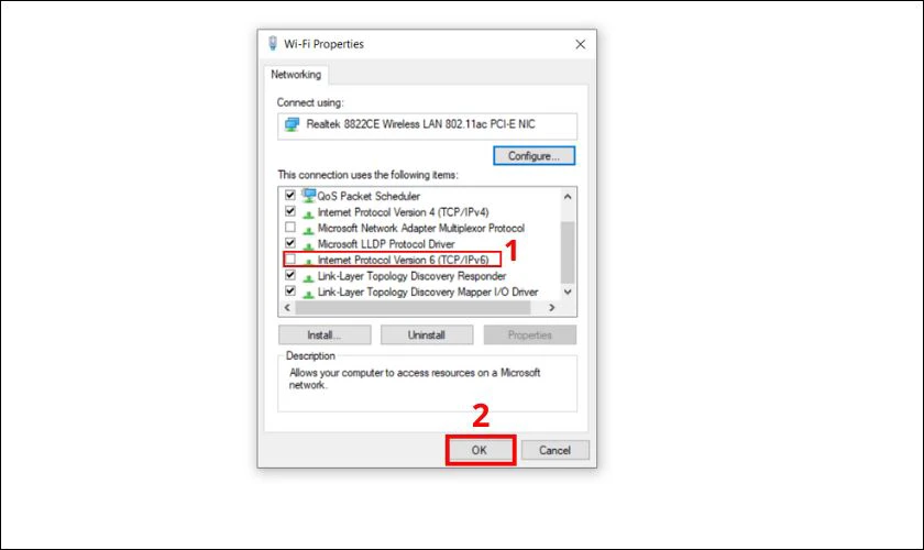 Tìm mục Internet Protocol Version 6 và bỏ dấu tích của mục đó