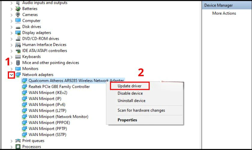 Mở rộng mục Network adapters, nhấp chuột phải vào card mạng Wi-Fi, chọn Update driver