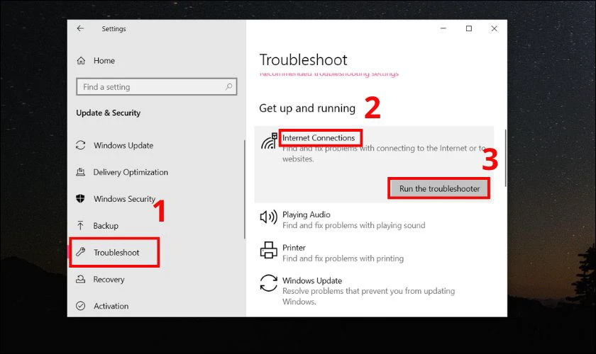 Sửa Lỗi No Internet, secured bằng cách chạy Networking Troubleshooter