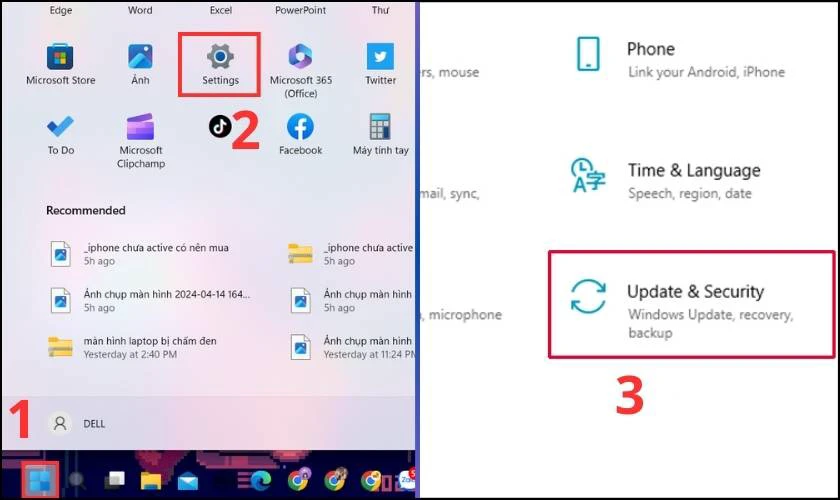 Nhấn vào mục Update & Security trong Settings