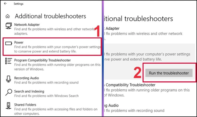 Nhấn vào dòng Power rồi chọn Run the troubleshooter