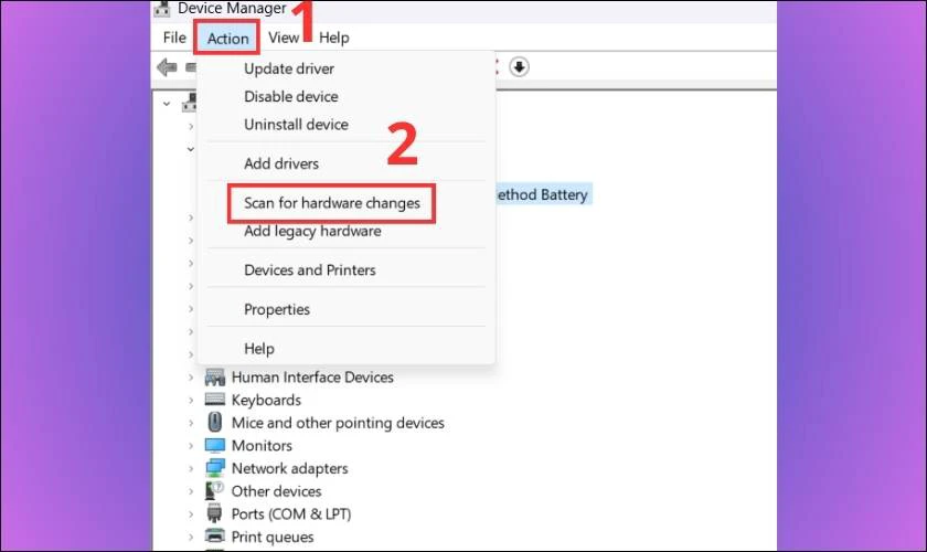 Nhấn Action và chọn Scan for hardware changes