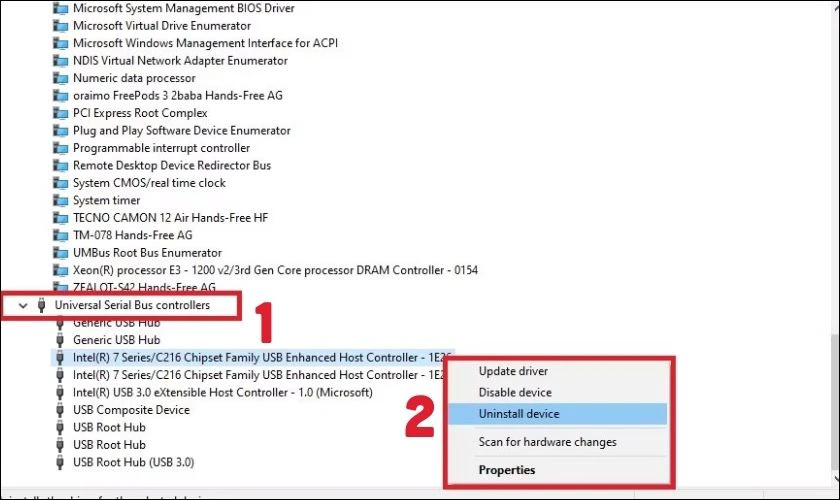 Nhấp chuột phải vào USB Root Hub và chọn Update driver