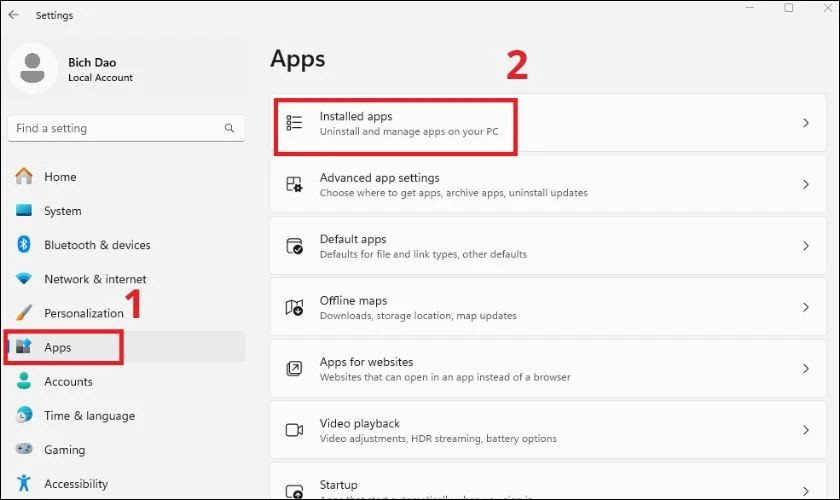 Tại tab Settings mới mở, bạn click chọn v&agrave;o mục Apps