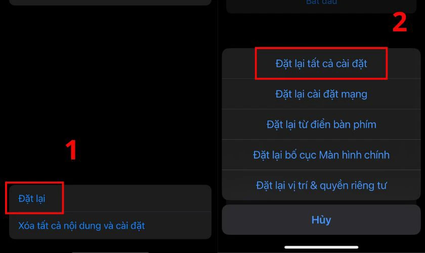 Nhấn v&agrave;o Đặt lại rồi chọn tiếp Đặt lại tất cả c&agrave;i đặt