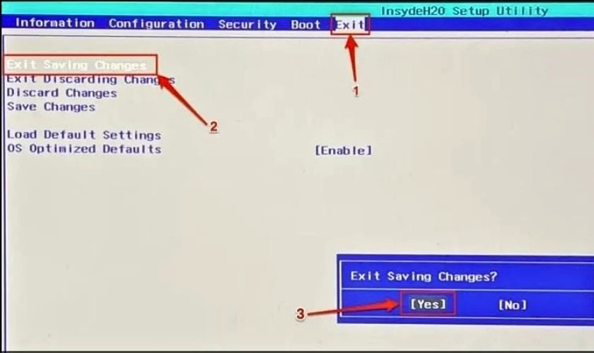 Chuyển đến tab Exit và chọn Exit Saving Changes. Cuối cùng, chọn Yes trên xác nhận và nhấn Enter