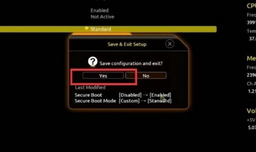 Nhấn phím F10, chọn Yes để lưu các thay đổi trước khi thoát khỏi BIOS