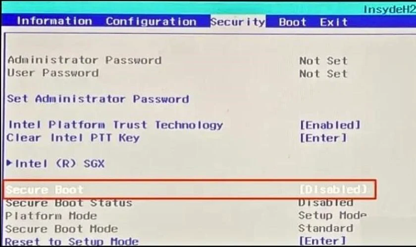 Đi tới phần Security, xác định tùy chọn Secure Boot. Cần đảm bảo, bạn đã bật chế độ Enabled