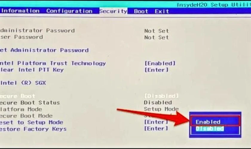Nếu bị tắt, hãy sử dụng phím mũi tên để điều hướng đến Secure Boot và nhấn Enter