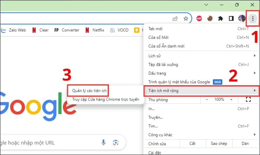 Nhấn vào dấu ba chấm nằm góc trên bên phải và chọn Tiện ích mở rộng