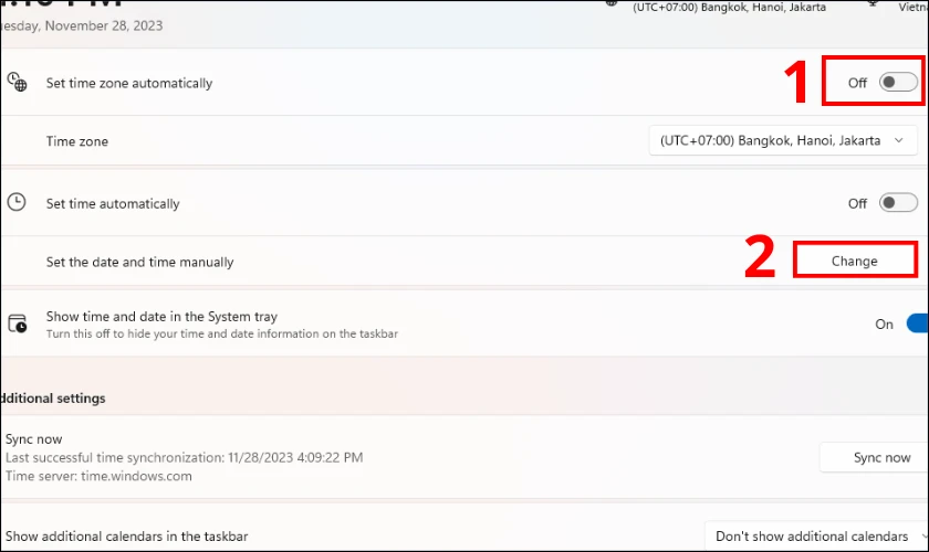 Tắt chế độ Set time automatically, sau đó chọn Change