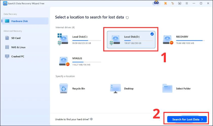 Để khắc phục lỗi ổ cứng bị not initialized, hãy khởi động EaseUS Data Recovery và chọn ổ đĩa bị lỗi và nhấp vào Search for lost data