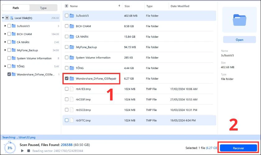 Nhấp vào Recover để lưu tệp tin đã chọn vào một vị trí khác trên máy tính của bạn