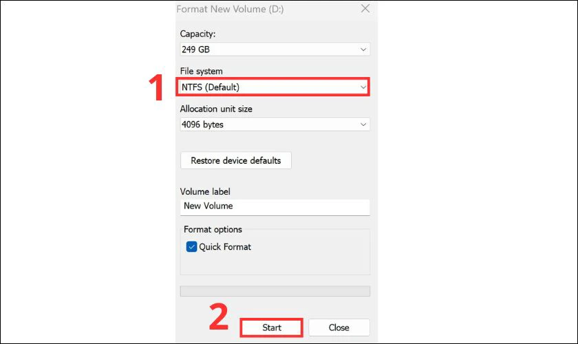 Sau đó, chọn hệ thống tệp mong muốn (NTFS, FAT32, exFAT, v.v.) và nhấp vào Start để khắc phục lỗi ổ cứng bị not initialized