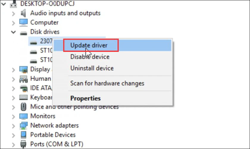 Nhấn chuột phải vào ổ đĩa rồi chọn Update driver