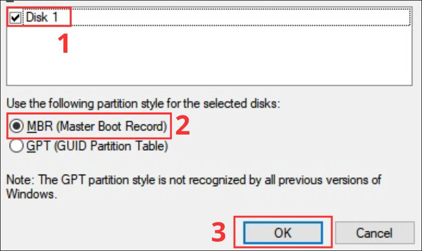 Sau đó, chọn kiểu phân vùng là MBR (Master Boot Record) hoặc GPT (GUID Partition Table) rồi nhấn OK để khắc phục lỗi ổ cứng bị not initialized