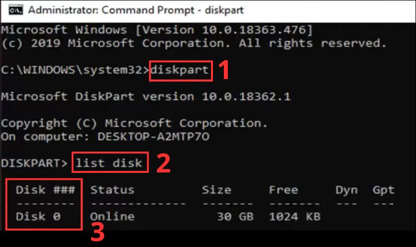 Trong Command Prompt, gõ diskpart và nhấn Enter để Chạy lệnh diskpart