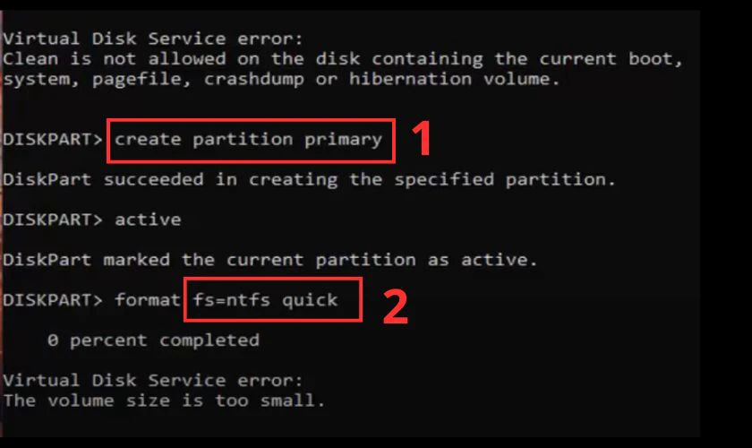 Tiếp theo bạn hãy gõ lệnh format fs=ntfs quick để định dạng ổ đĩa với hệ thống tệp NTFS và khắc phục lỗi ổ cứng bị not initialized