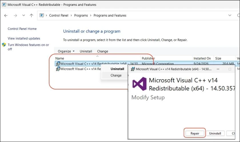 Sửa chữa Microsoft Visual C++ Redistributable