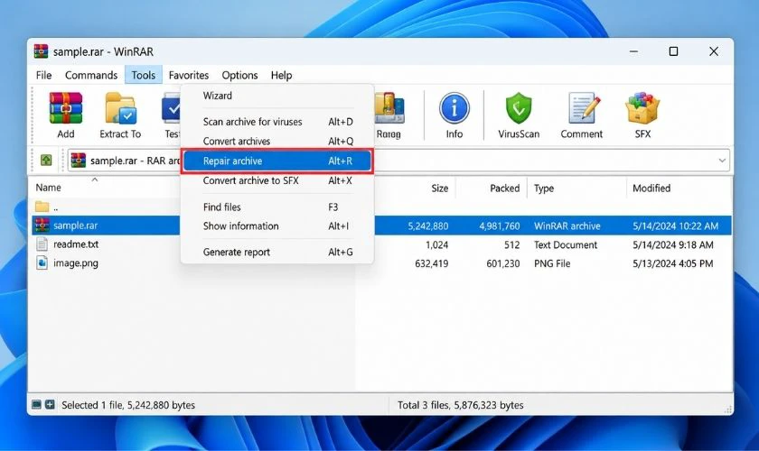 Chọn file, sau đó chọn Tools > Repair archive