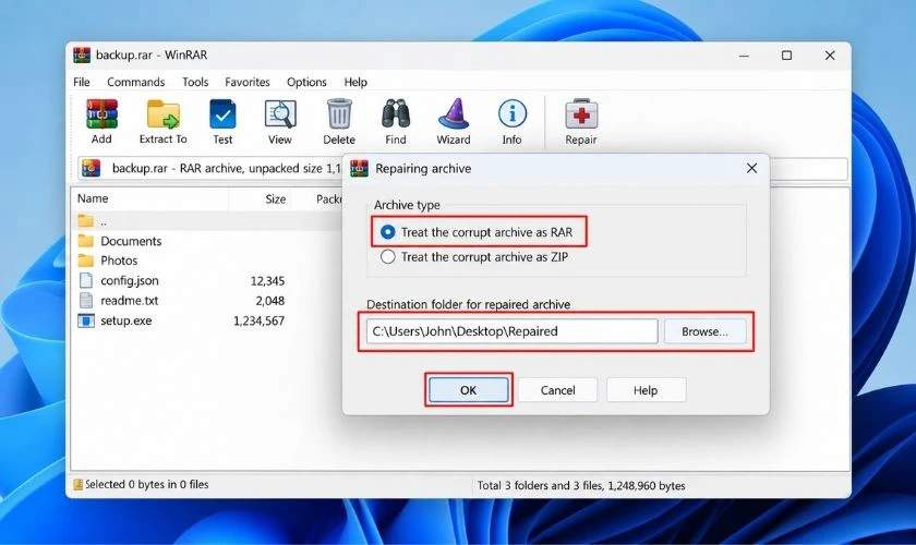 Chọn loại archive phù hợp nếu WinRAR yêu cầu và chọn nơi lưu archive được sửa