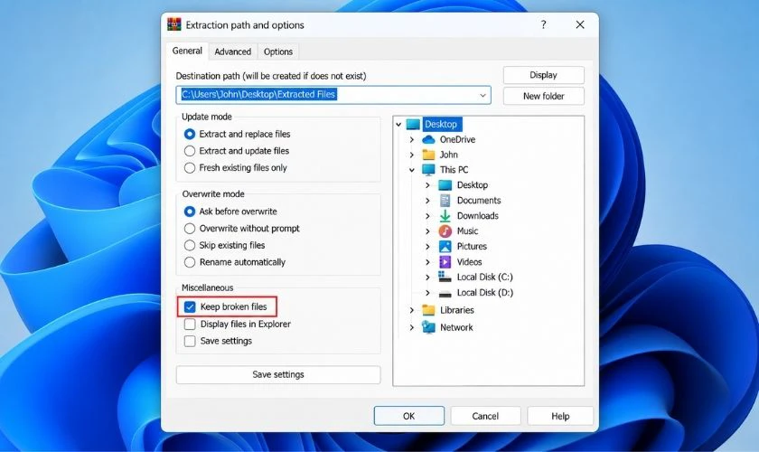Trong cửa sổ Extraction path and options, tìm phần tùy chọn và bật Keep broken files