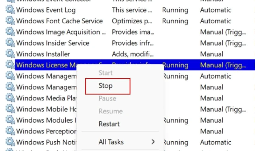 Stop tại Service status