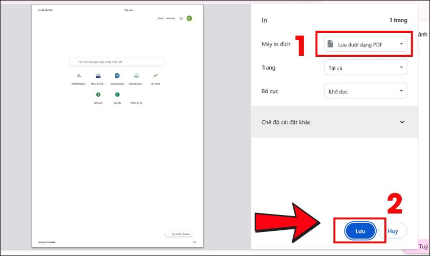Tại cửa sổ In, t&igrave;m phần M&aacute;y in đ&iacute;ch (Destination) v&agrave; chọn t&ugrave;y chọn Lưu dưới dạng PDF (Save as PDF)