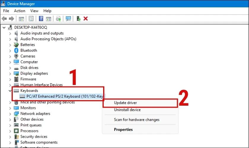 Vào Keyboard bấm chuột phải rồi Update Driver.