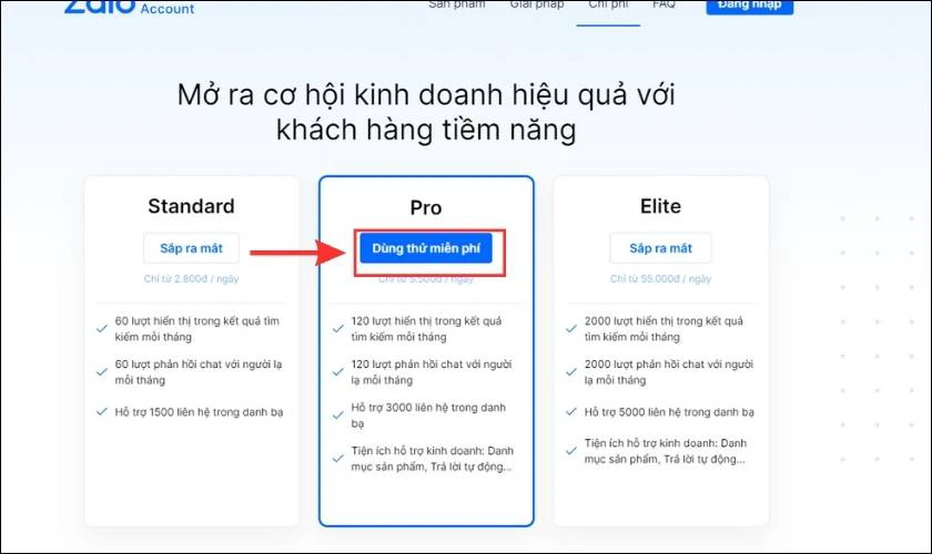 Lựa chọn g&oacute;i dịch vụ ph&ugrave; hợp v&agrave; nhấn D&ugrave;ng thử miễn ph&iacute;
