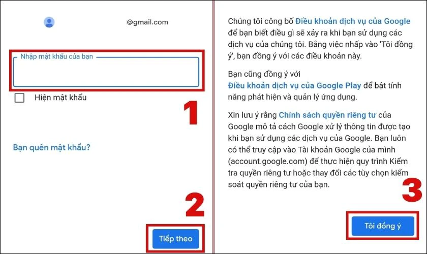 Nhập v&agrave;o mật khẩu cho t&agrave;i khoản Gmail v&agrave; nhấn v&agrave;o Tiếp theo