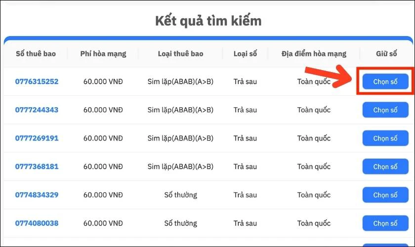Chọn một số thu&ecirc; bao sau đ&oacute; nhấn Chọn số