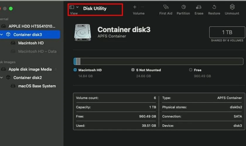 Truy cập v&agrave;o Disk Utility v&agrave; chọn ổ cứng bạn muốn kiểm tra