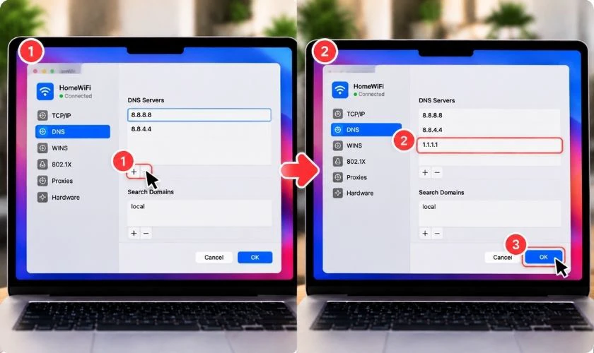 Nếu cần dùng DNS khác, nhấn nút + và nhập địa chỉ DNS phù hợp, sau đó lưu lại