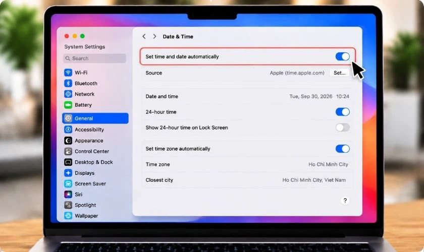 Bật tùy chọn Set time and date automatically để MacBook tự đồng bộ thời gian
