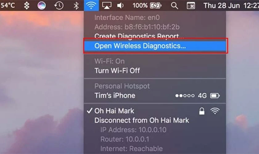 Chọn Open Wireless Diagnostics