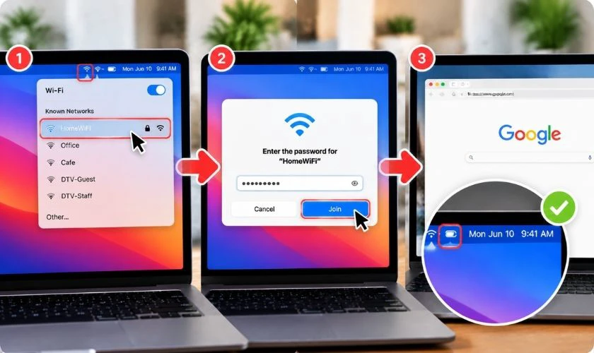 Kết nối lại mạng WiFi, nhập mật khẩu rồi thử truy cập Internet