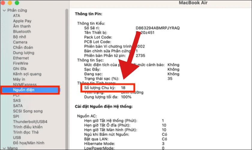 Trong mục Nguồn điện, bạn sẽ thấy th&ocirc;ng tin Số lượng chu kỳ, đ&acirc;y l&agrave; số lần sạc pin của m&aacute;y