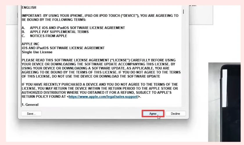Chọn Agree để đồng &yacute; c&aacute;c điều khoản trước khi Restore