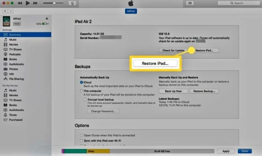 Restore bằng iTunes nếu bị lỗi m&agrave;n h&igrave;nh iPad Air 2 lỗi nh&ograve;e m&agrave;u