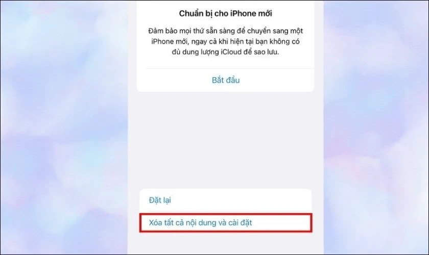 Lựa chọn lệnh X&oacute;a tất cả nội dung v&agrave; c&agrave;i đặt v&agrave; x&aacute;c nhận y&ecirc;u cầu c&agrave;i đặt lại điện thoại