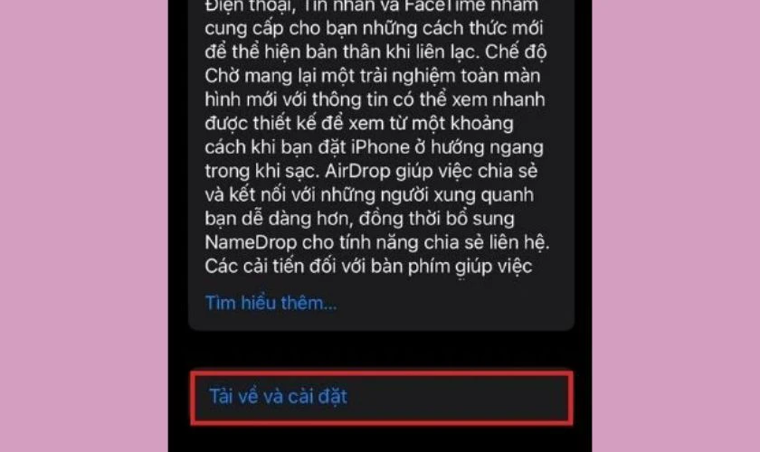 Chọn tải về và cài đặt để cập nhật phần mềm cho iPhone
