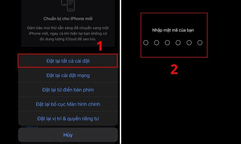 Nhập mật khẩu để x&aacute;c nhận kh&ocirc;i phục c&agrave;i đặt gốc cho iPhone