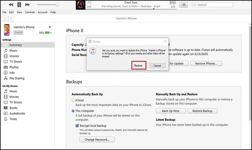 Nhấp vào nút Restore để bắt đầu xóa
