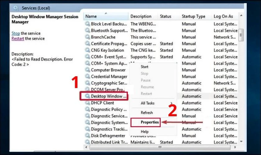 Bạn tiếp tục chọn mục Desktop Window Manager Session Manager v&agrave; chọn Properties