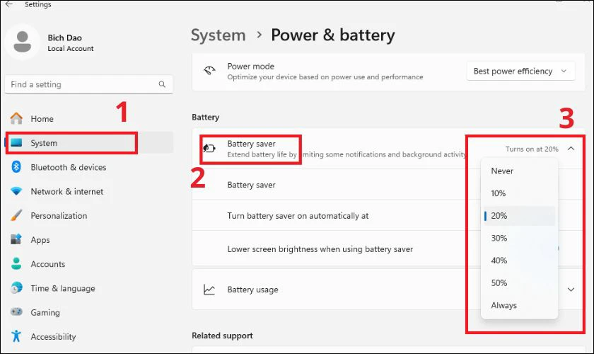 Điều chỉnh mức pin bật chế độ Power Saving Mode: 20%, 10%, 5%