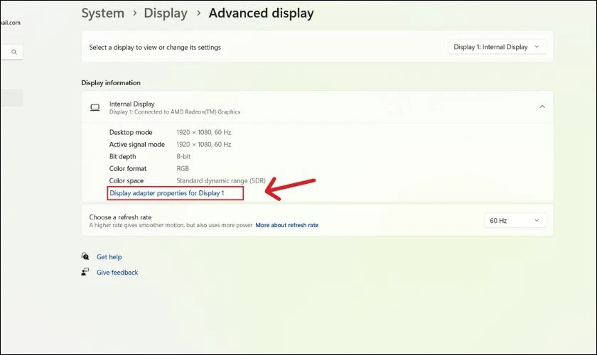 Nhấn vào dòng Display adapter properties for Display 1