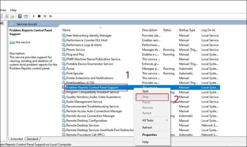 Vào mục Problem Reports and Solution Control Panel Support, nhấn Stop