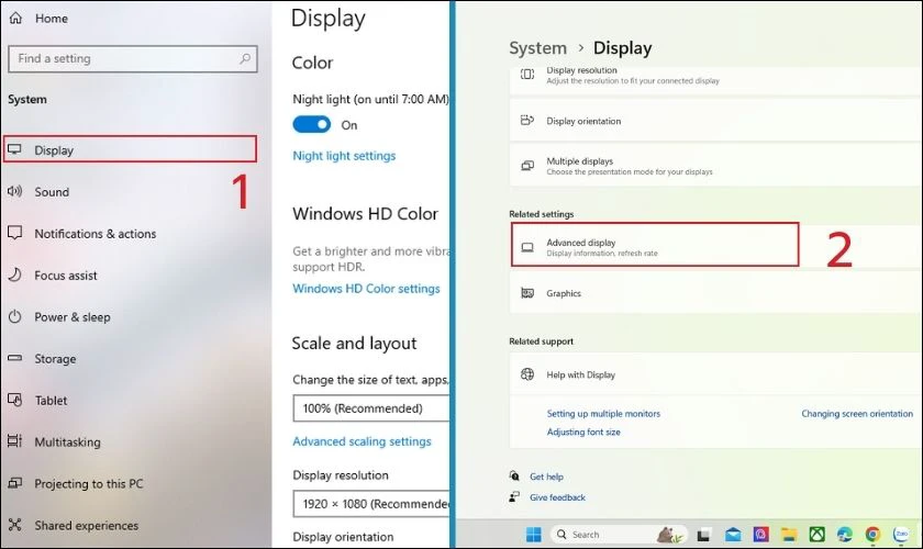 Vào tab Display, tiếp theo chọn Advanced display setting
